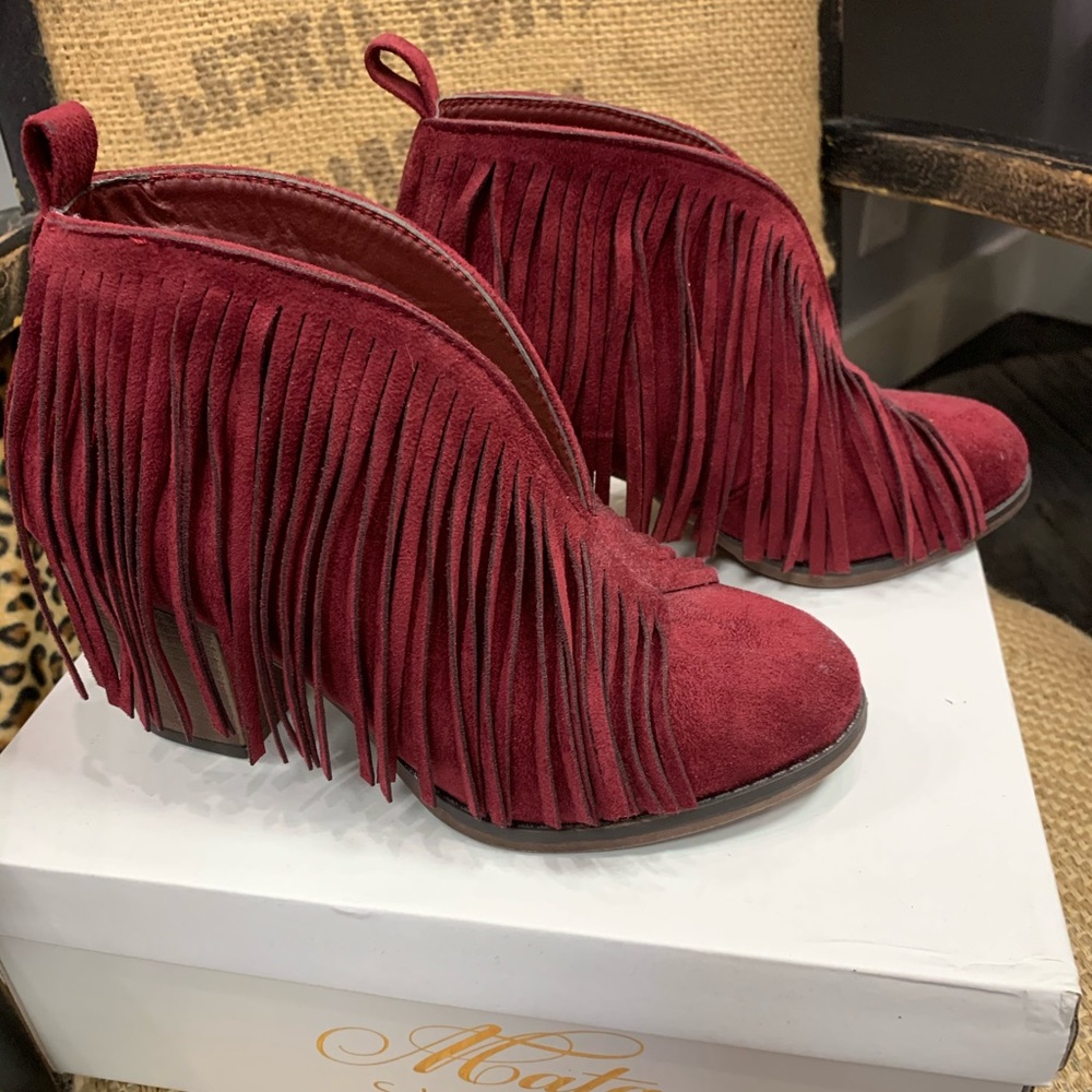 BRAND NEW wine fringe booties